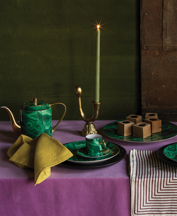 Rich Color Tablescape with candle holder. In green purple and mustard hues