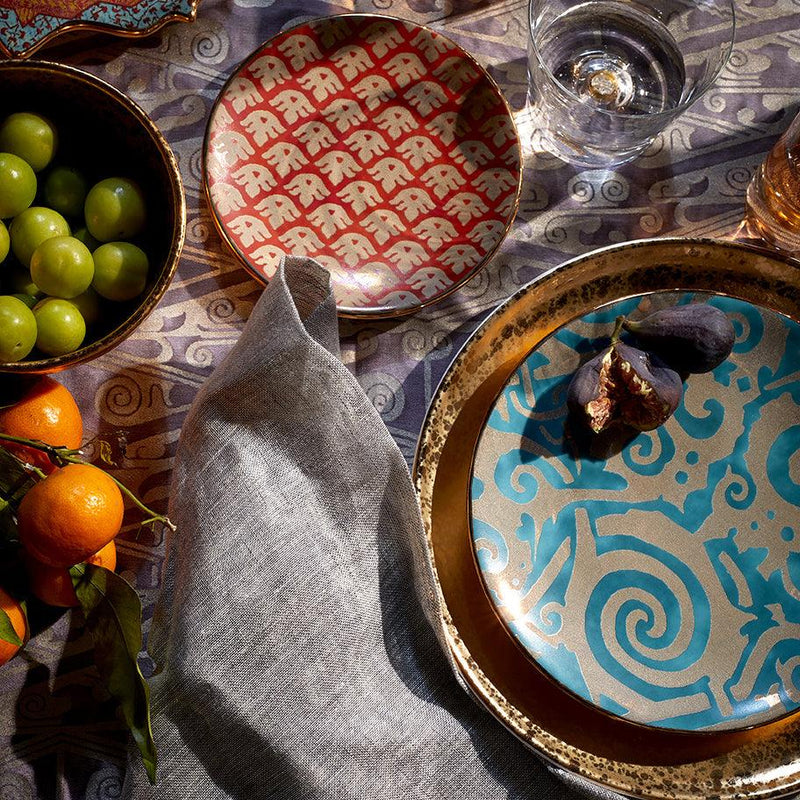 Fortuny Assorted Dessert Plates in Red, Orange, Green, & Teal - Vibrant Designs Reminiscent of the Artisans of Venice - Crafted from Unique Earthenware and Metals