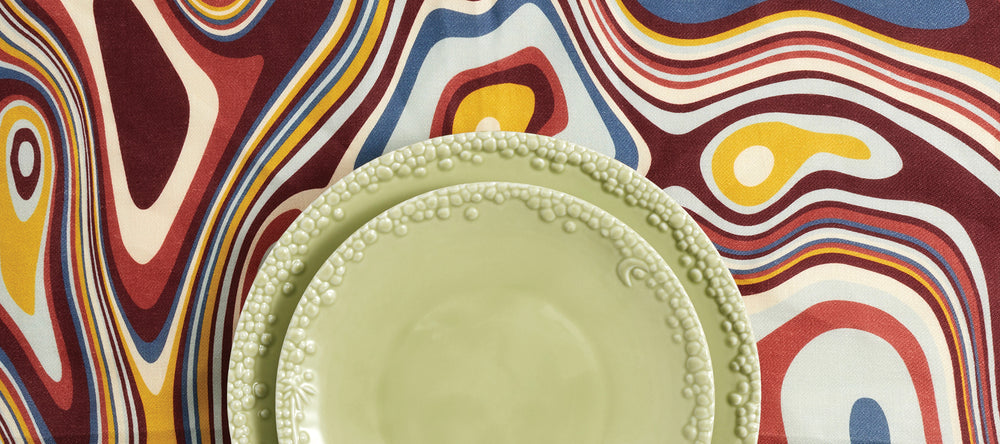 Spring Sale 30-50% off. Waves Linens with Haas Matcha Dinnerware. 