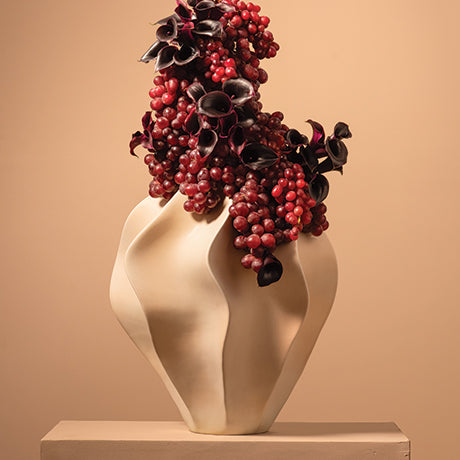 Douro White Organic Shaped Vase with Grape and Floral Arrangement