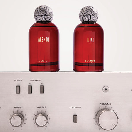 Two red glass perfume bottles with black-and-white cracked globes and white text reading 'ALENTO' and 'OJAI' on the front, displayed on top of a silver audio amplifier against a white background.