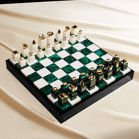 Malachite Chess Set on Ecru Tablecloth