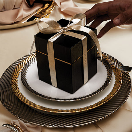 Black Box with White Ribbon in Elegant Holiday Tablescape