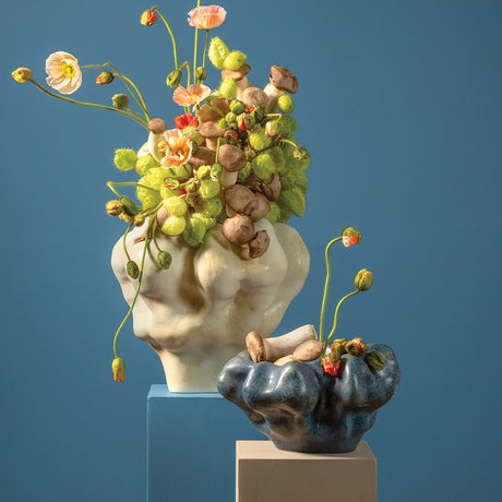 Timna Collection Organic Vases in White and Blue with Vegetable and Floral Arrangements