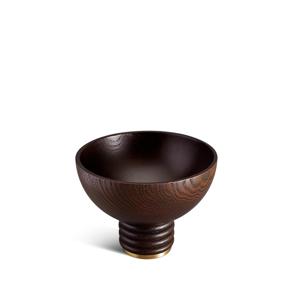 Alhambra Bowl -  Medium. Hand-carved, fine smoked ash bowl floating on stacked wood pedestal with a brass base.