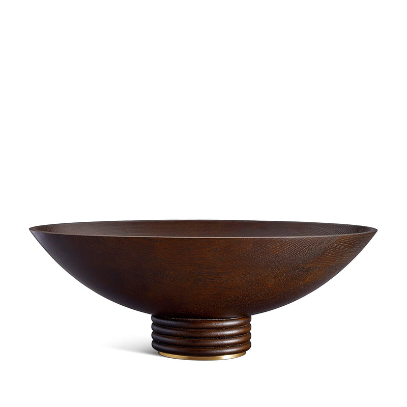 Alhambra Oval Bowl. Hand-carved, fine smoked ash oval-shaped bowl floating on stacked wood pedestal with a brass base.
