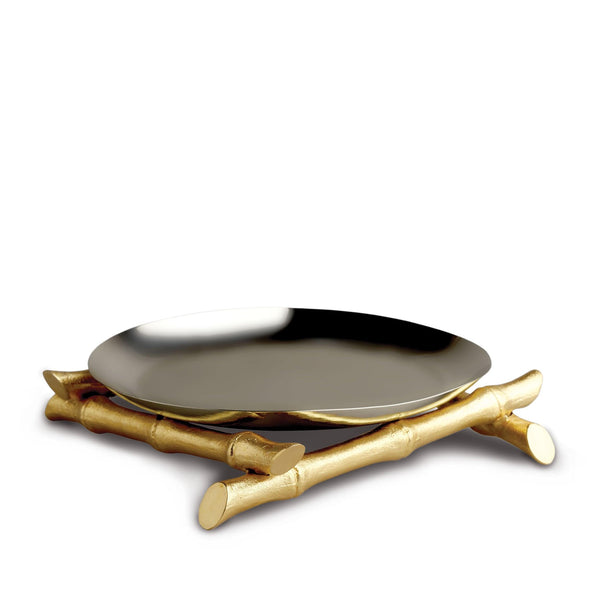 Large Bambou Round Platter - Modernized with Infused Organic Elements - Hand-Gilded 24K Gold-Plated Bamboo & Stainless Steel
