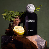 black bell shaped glass bottle with round crackle top styled with a dark green background 