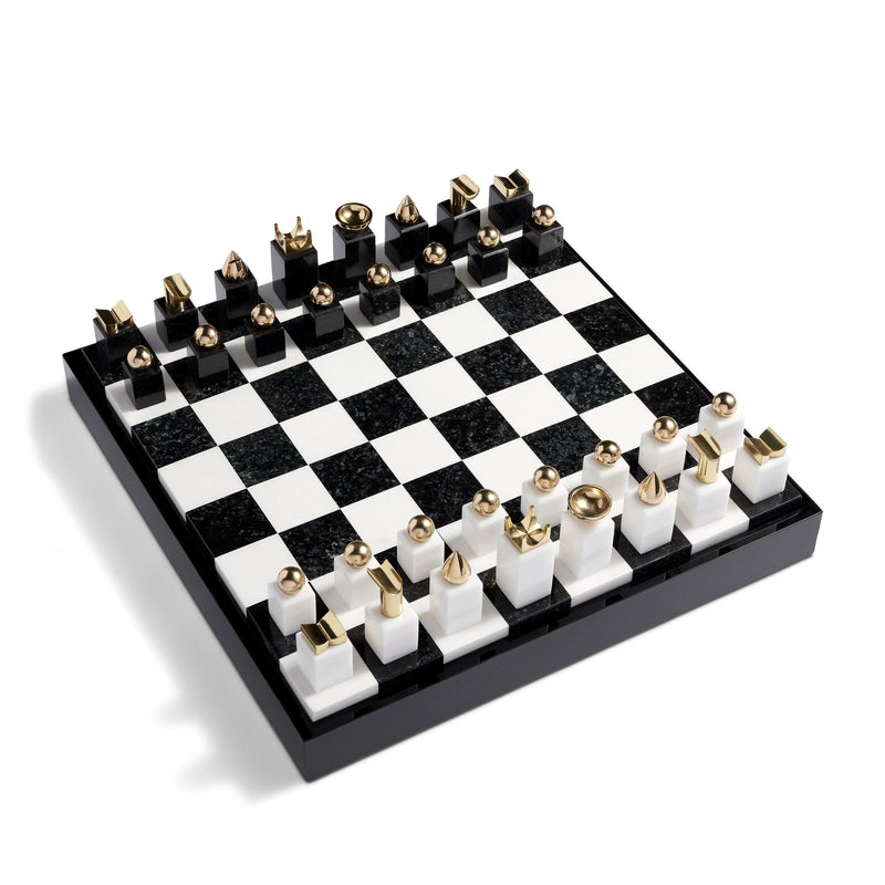 Chess Set in Black and Gold - Luxurious Craftmanship with Playful Details - Created with Ebony Wood, Marble, Brass, & Shell Inlay