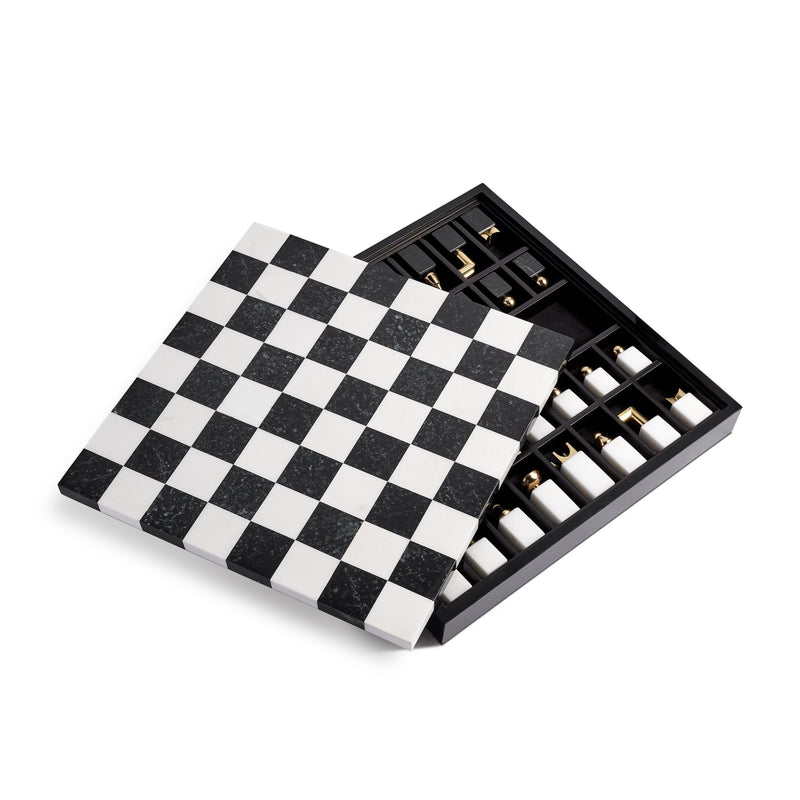 Chess Set in Black and Gold - Luxurious Craftmanship with Playful Details - Created with Ebony Wood, Marble, Brass, & Shell Inlay