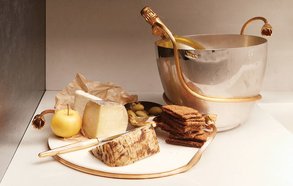 Deco Leaves champagne bucket and cheese serving set - polished steel with 24k gold plated accents