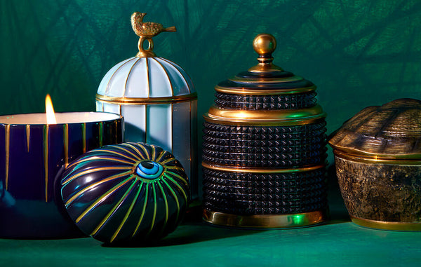 Luminescence candles in ornate porcelain vessels- Lito eye, birdcage, biblioteque, turtle shell