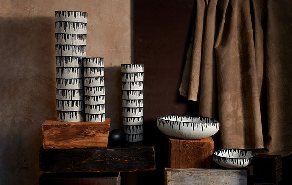 Tokasu porcelain vases and bowl with indigo drip detail
