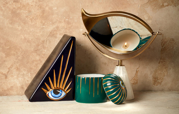 Lito porcelain candle, vanity mirror and bookend with gold details