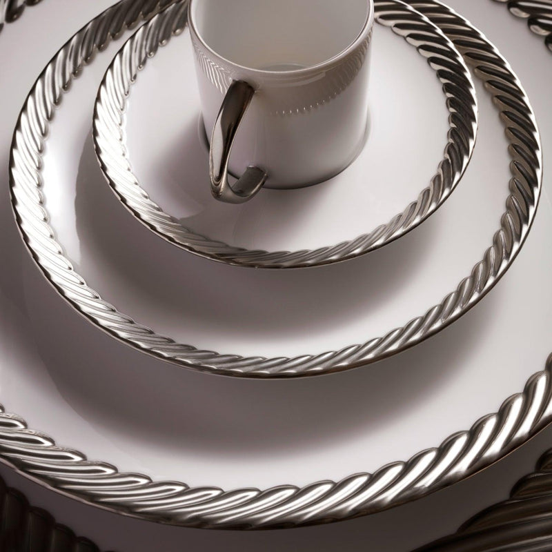 Large Corde Oval Platter in Platinum - Nod to Old-World Silk Cords - Sculptural and Timeless with Hand-Painted Porcelain - Classic Craftsmanship