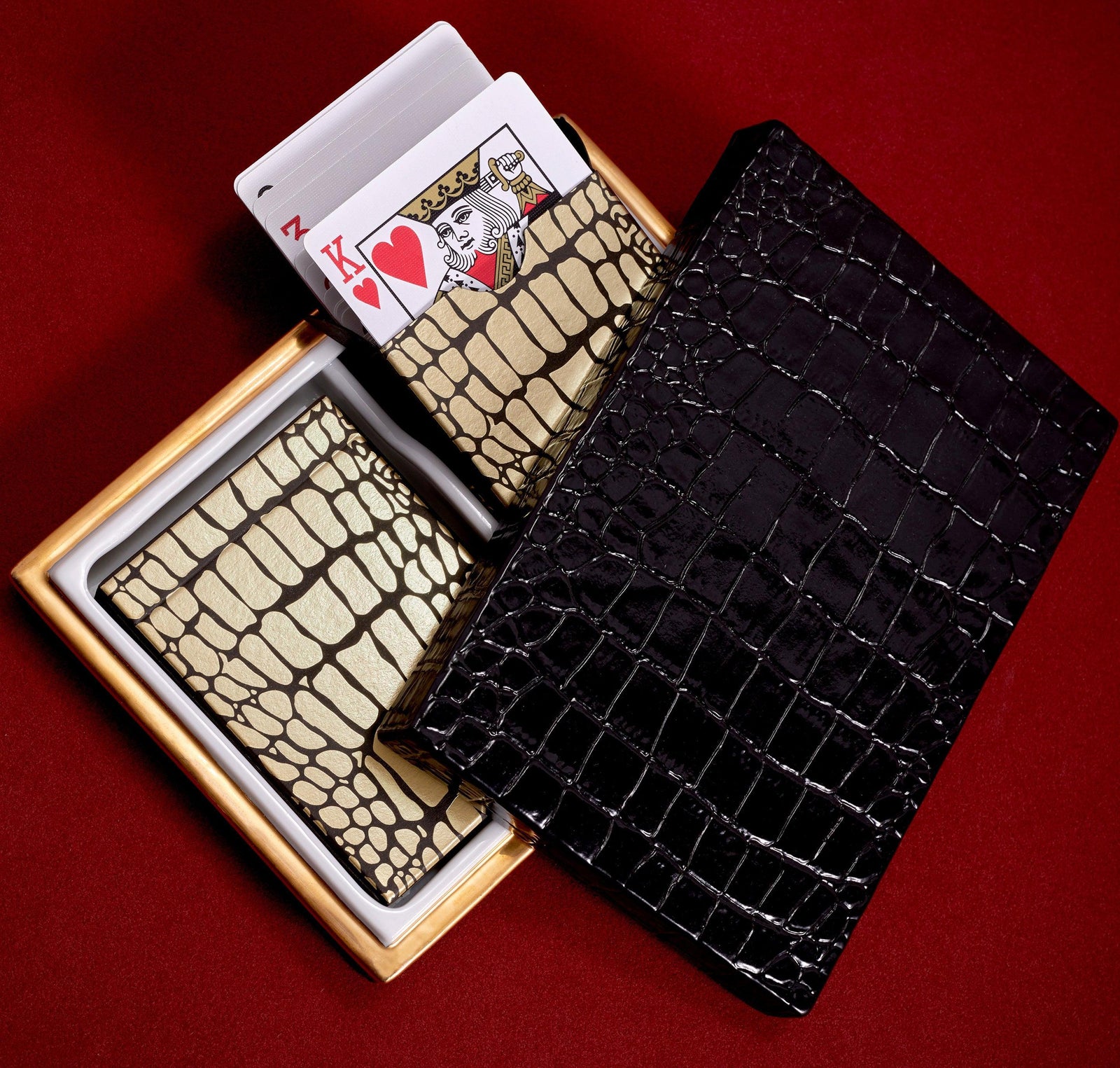 Crocodile Box with Playing Cards - Gold - L