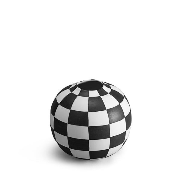 Damier Vase - Small. Black and white checkerboard glaze pattern on an orb-shaped porcelain vase.