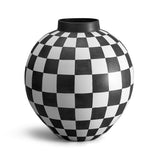 X-Large Black and white checkerboard glaze pattern on an orb-shaped porcelain vase.