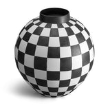 X-Large. Black and white checkerboard glaze pattern on an orb-shaped porcelain vase.