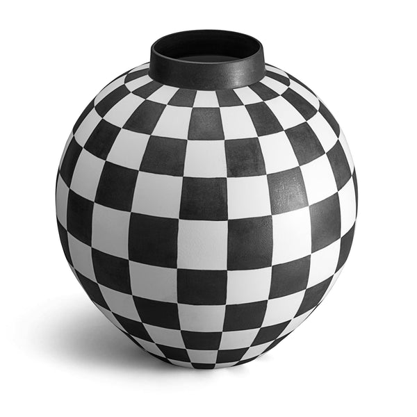 X-Large. Black and white checkerboard glaze pattern on an orb-shaped porcelain vase.