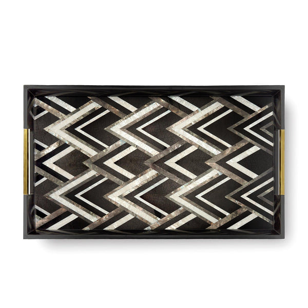 Large Deco Noir Tray in Black, Grey, and White - White Natural Shells Featuring Geometric Pattern in a Modern Aesthetic