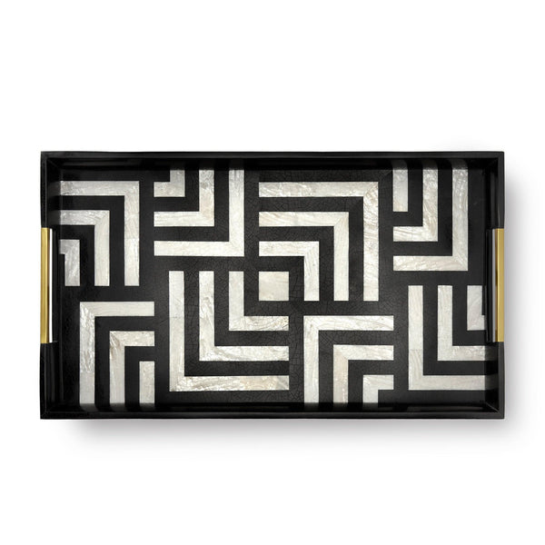 Large Dédale Rectangular Tray in Black and White - Geometric Patterns with Ornate Detailed Handles - Bold Craftmanship