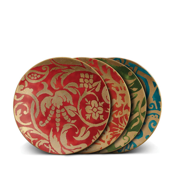 Fortuny Assorted Dessert Plates in Red, Orange, Green, & Teal - Vibrant Designs Reminiscent of the Artisans of Venice - Crafted from Unique Earthenware and Metals