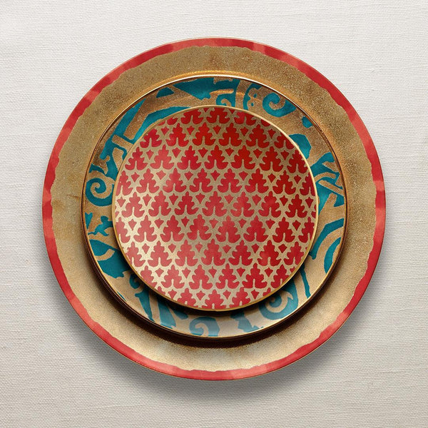 Fortuny Assorted Dessert Plates in Red, Orange, Green, & Teal - Vibrant Designs Reminiscent of the Artisans of Venice - Crafted from Unique Earthenware and Metals