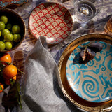 Fortuny Assorted Dessert Plates in Red, Orange, Green, & Teal - Vibrant Designs Reminiscent of the Artisans of Venice - Crafted from Unique Earthenware and Metals