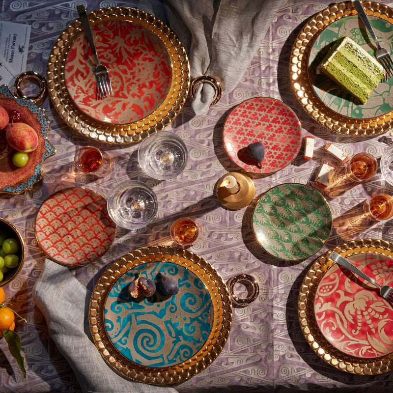 Fortuny Assorted Dessert Plates in Red, Orange, Green, & Teal - Vibrant Designs Reminiscent of the Artisans of Venice - Crafted from Unique Earthenware and Metals