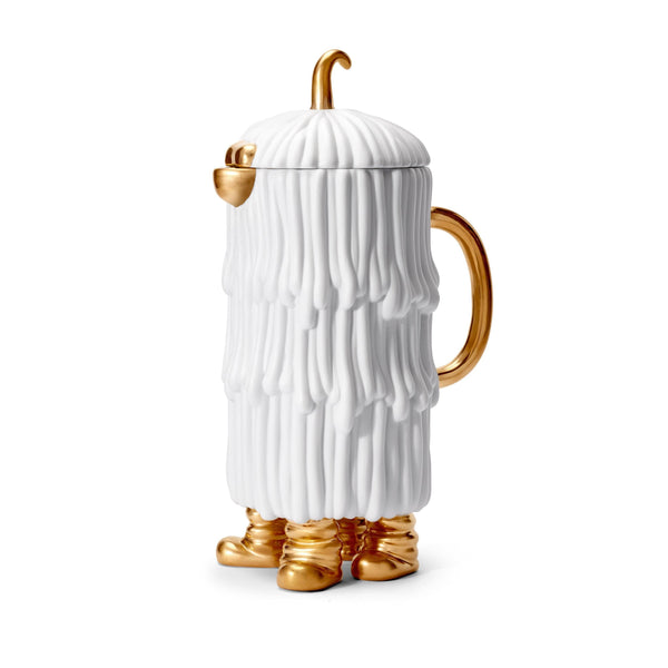 Haas Djuna Coffee and Tea Pot in White - Hand-Carved Waves of Fur - Adorned Monster Set Features 24K Gold Accents