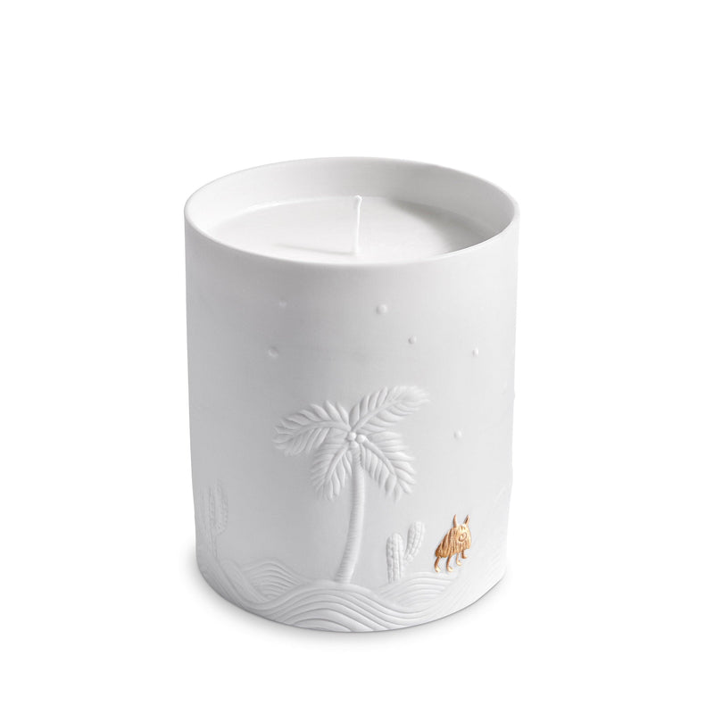 White and Gold Haas Mojave Palm Candle - Dry, Woodsy Fragrance - Translucent Porcelain Vessel