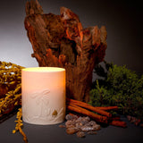 White and Gold Haas Mojave Palm Candle - Dry, Woodsy Fragrance - Translucent Porcelain Vessel