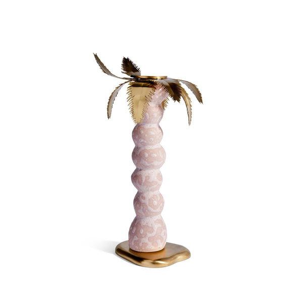 Small, Pink Haas Mojave Palm Candlestick - Porcelain Palm Trunk & Brass Fronds - Functional & Modern Style