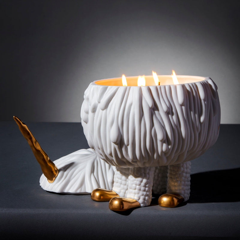 White and Gold Haas Mojave Palm Unicorn 4-Wick Candle - Dry, Woodsy Fragrance - Translucent Porcelain Vessel