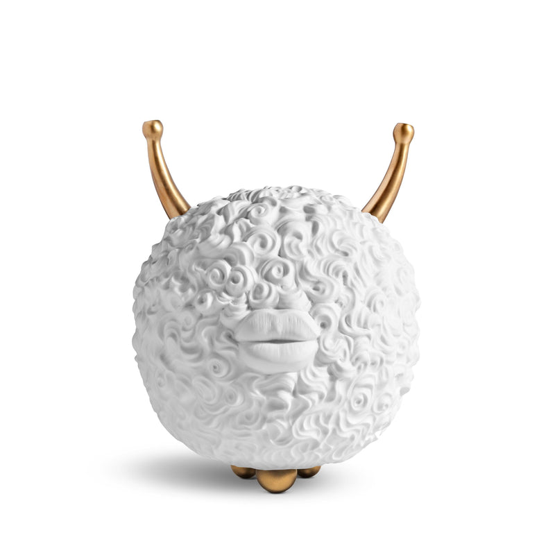 Haas Monster Ball Incense Burner in White and Bronze - Mystical White and Bronze Sculpture Adorned with Two Gold Horns and Gold Lips