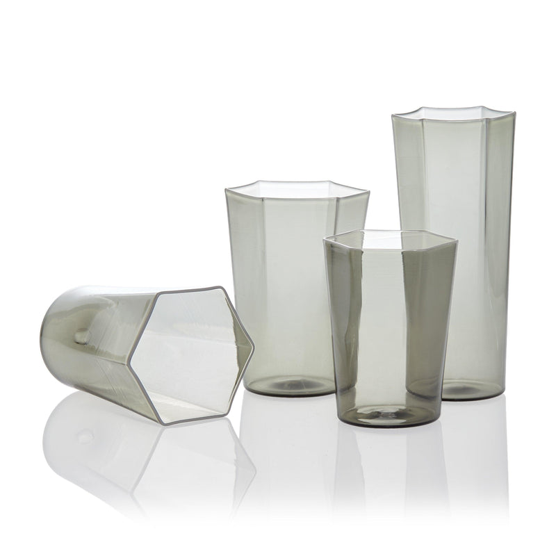 Hex Water Glass in Smoke by L'OBJET - Hand-Crafted with Intricate Geometric Style - Versatile for Form and Function