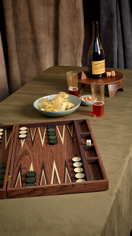 Discover Luxury Games & Game Room Accessories. Shop New Arrivals. Backgammon Board on sage linen tablecloth. 