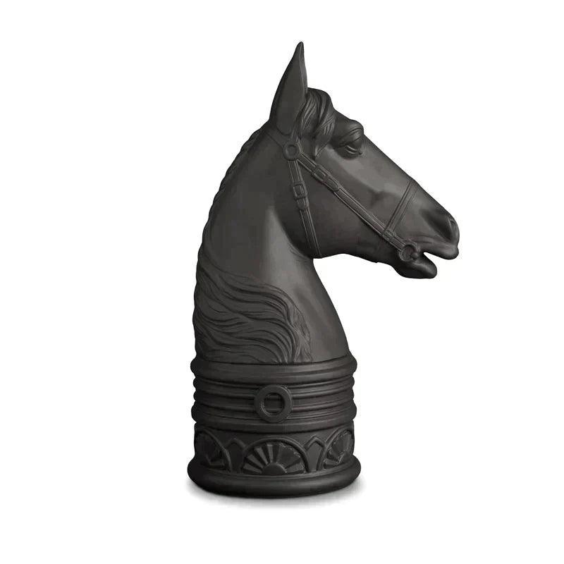 Black porcelain sculpture of a horse head and neck in profile