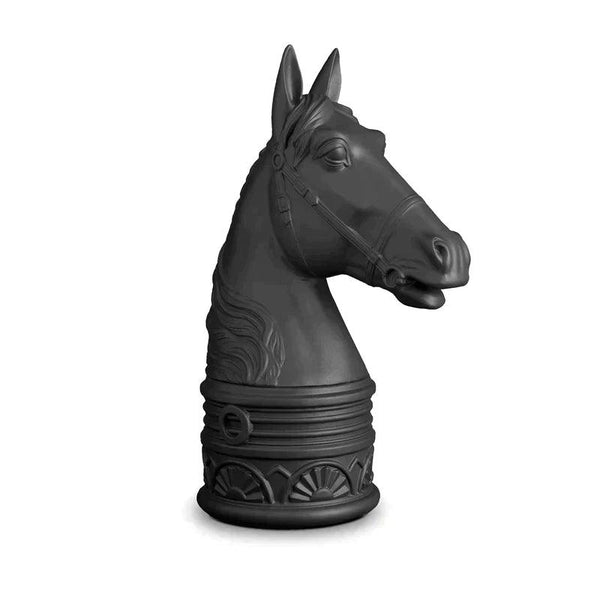Black porcelain sculpture of a horse head and neck in profile