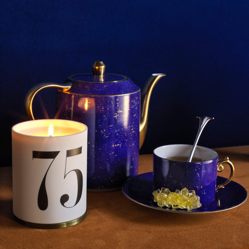 Lapis blue porcelain teapot, teacup + saucer, No. 75 candle