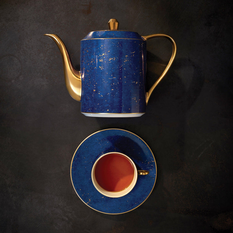 Lapis blue porcelain teapot, teacup + saucer