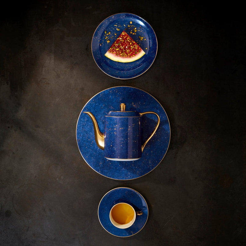 Lapis blue porcelain teapot, teacup + saucer, small dish