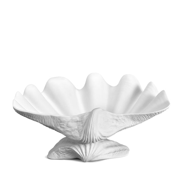 Neptune Bowl - X-Large. White porcelain shell-shaped bowl floating on a base. 