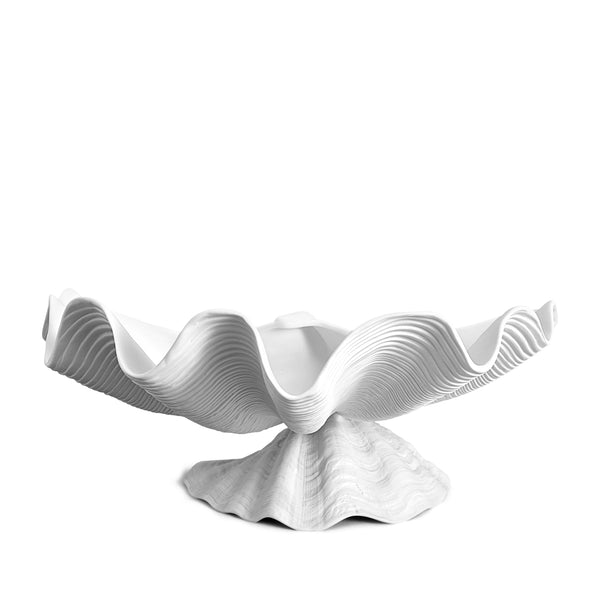 Neptune Bowl - X-Large. White porcelain shell-shaped bowl floating on a base. 