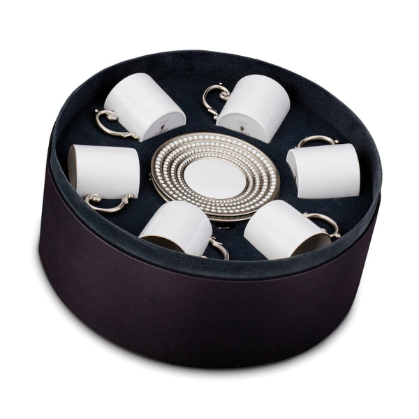 Set of 6 Perlée Espresso Cups and Saucers in Platinum - Timeless and Sophisticated Dinnerware Crafted from Porcelain