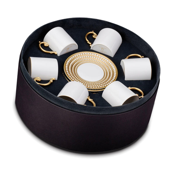 Set of 6 Perlée Espresso Cups and Saucers in Gold - Timeless and Sophisticated Dinnerware Crafted from Porcelain