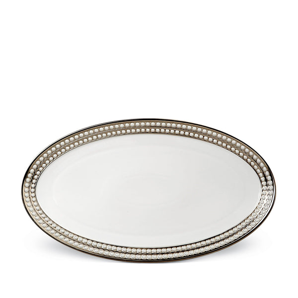 Large Perlée Oval Platter in Platinum - Timeless and Sophisticated Dinnerware Crafted from Porcelain and Infused with Detailed Craftsmanship