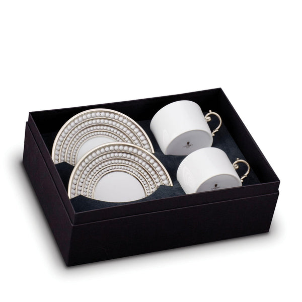 Perlée Tea Cup and Saucer in Platinum - Timeless and Sophisticated Dinnerware Crafted from Porcelain