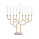 Rova Menorah - brass maze-like candle holders on grey marble and brass base